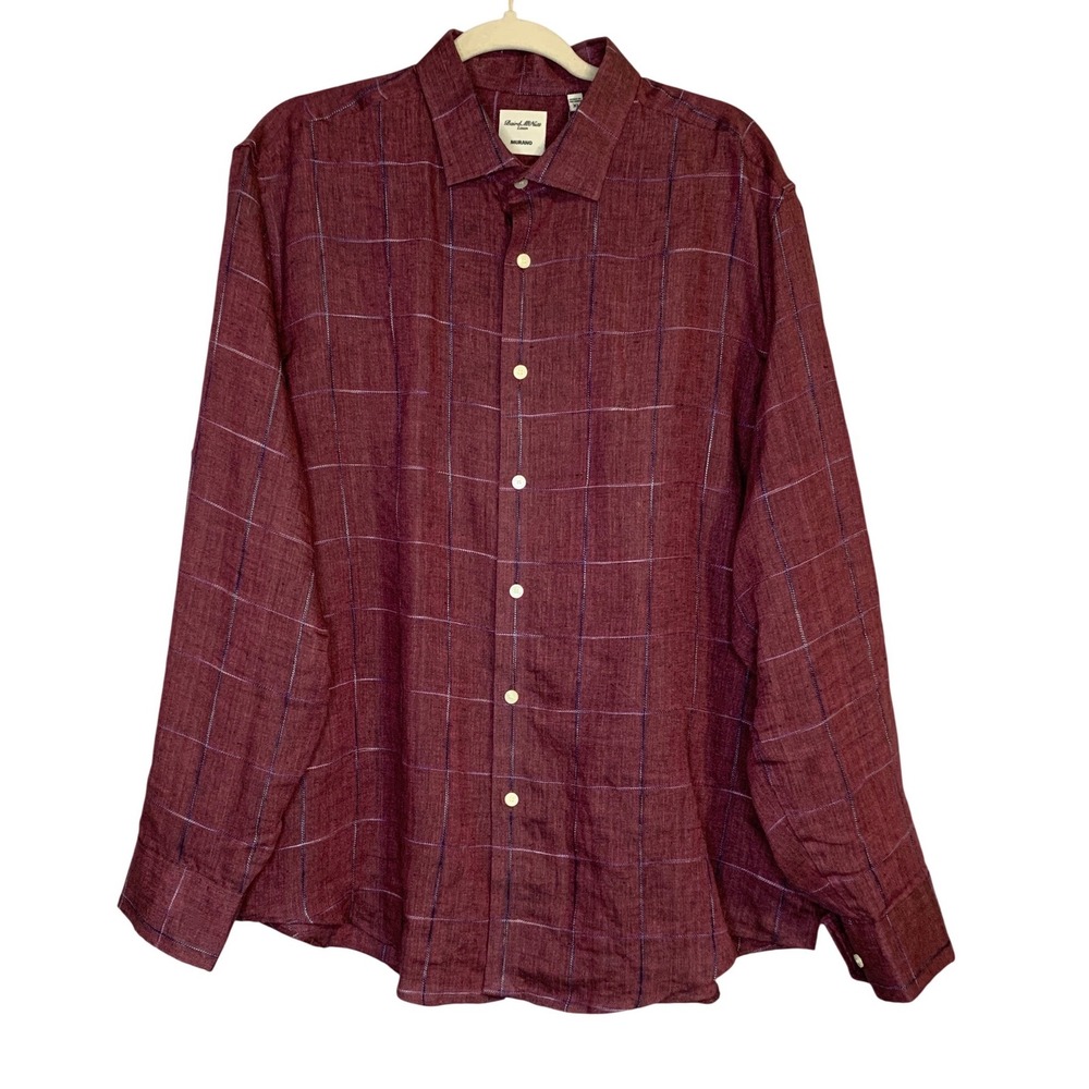 Baird McNutt Linen Murano Mens‎ Burgundy Plaid Long Sleeve Button Down Shirt XL